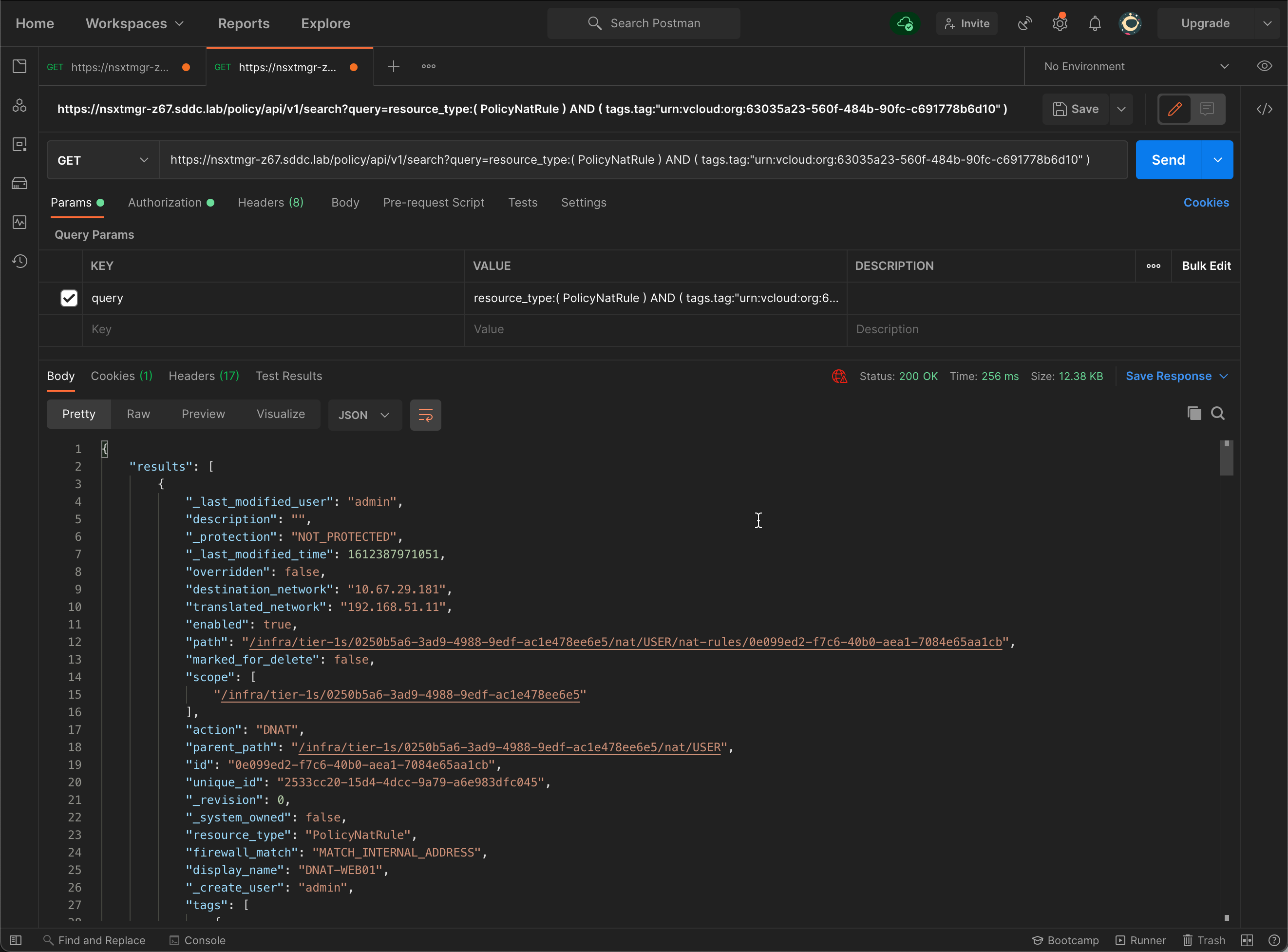 NSX-T Search API: full-text search API request