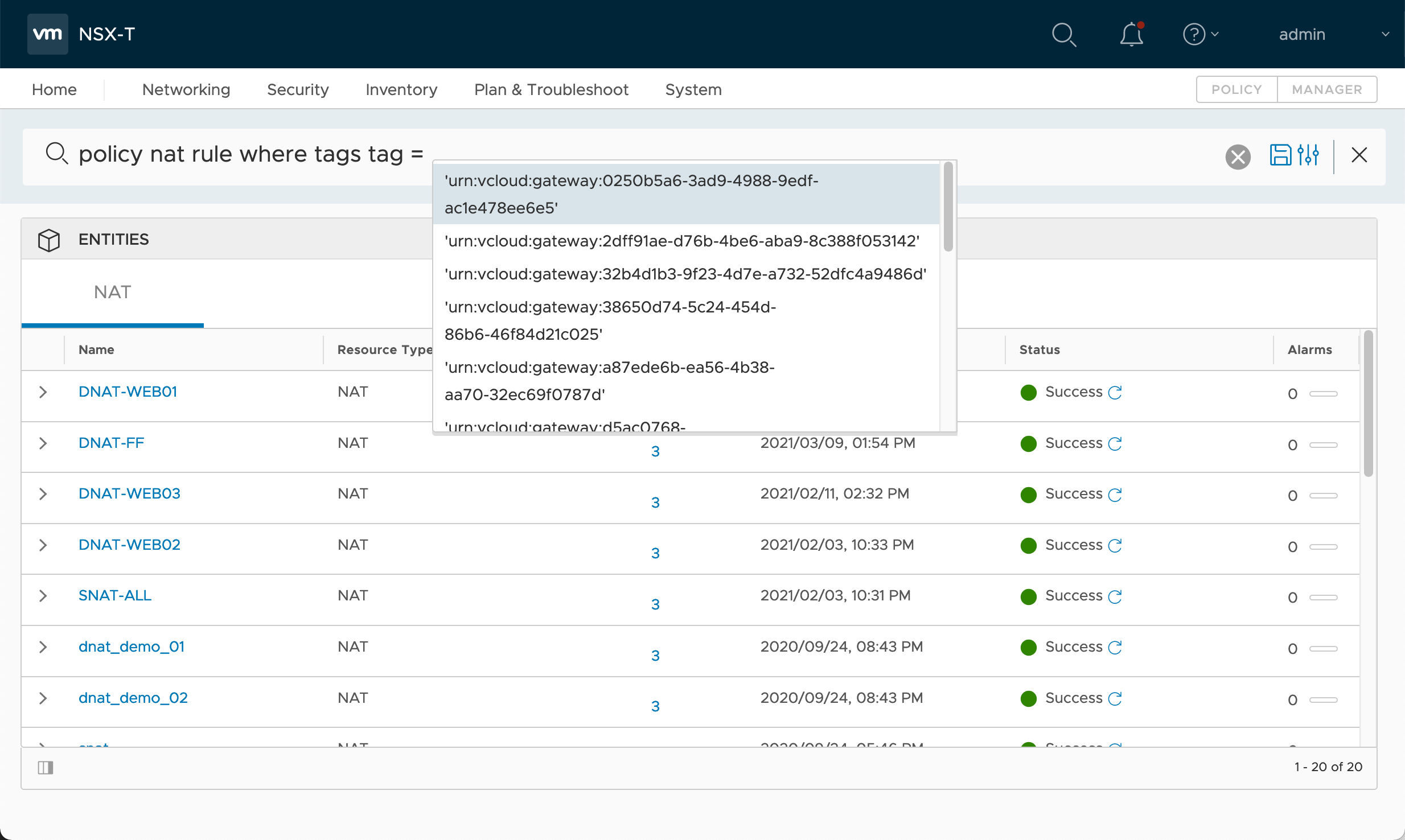 NSX-T search function in the user interface