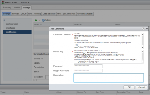 NSX Edge configuration: add the certificate to load balance PSC