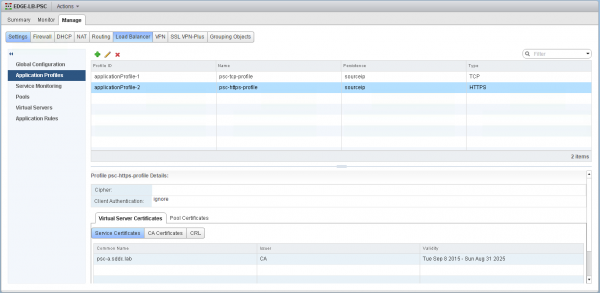 Application Profiles in NSX Edge to Load Balance vSphere 6 PSC in HA mode