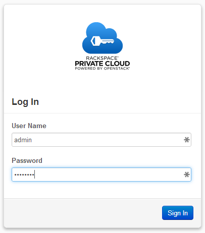 Rackspace Private Cloud Sandbox (powered by OpenStack) login screen