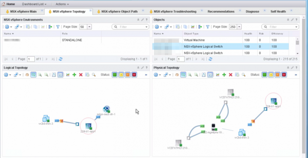 NSX network topology dashboard: logical and physical topologies can be displayed