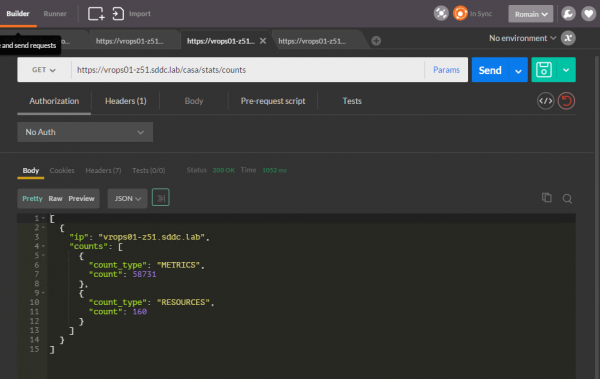 vROps CaSA API: retrieve counts of metrics and resources for a vROps cluster