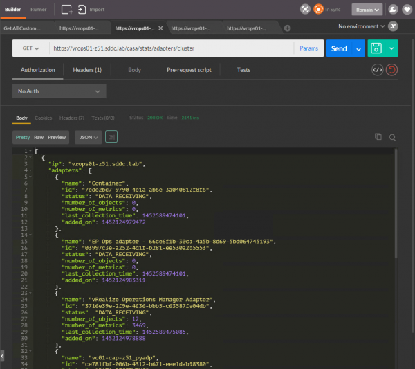 vROps CaSA API: retrieve a list of all adapters in a cluster, including the number of associated metrics and objects