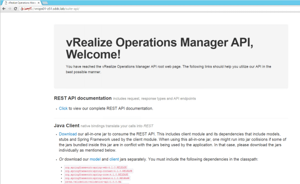 vRealize Operations Manager API root web page