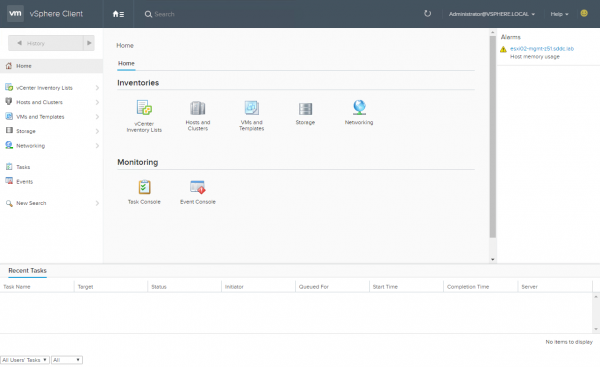 vSphere HTML5 Web Client: Welcome Screen