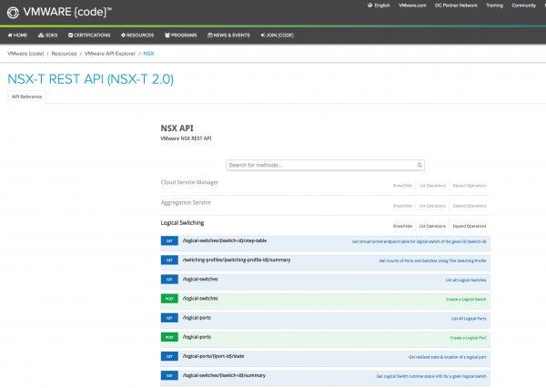 VMware API Explorer for NSX-T 2.0 on code.vmware.com